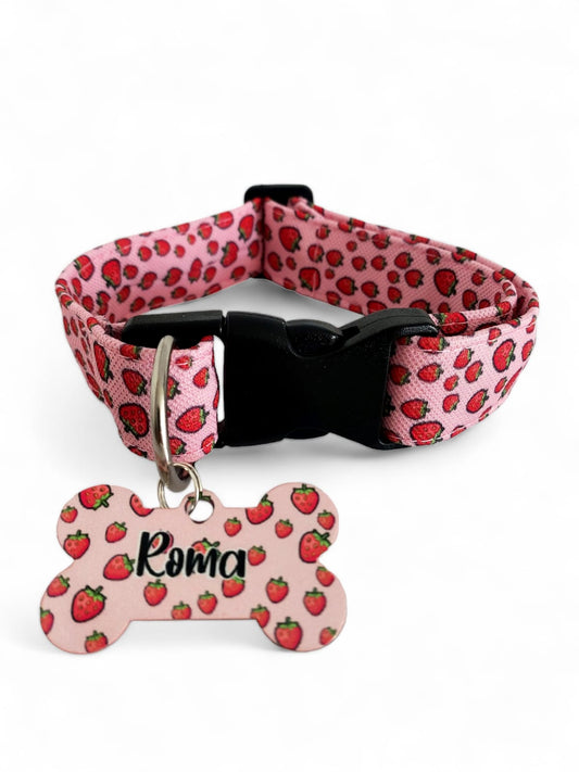 Placa Identificadora + Collar portaplaca Fresas Rosada