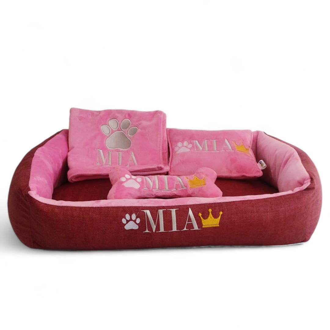 Set de cama para perros pequeños y medianos con accesorios: Almohada, cobija y hueso juguete. Fácil de lavar
