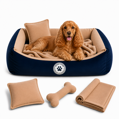 Set de Cama Para Perros lavable Azul x 3 accesorios: cobija + almohada + hueso