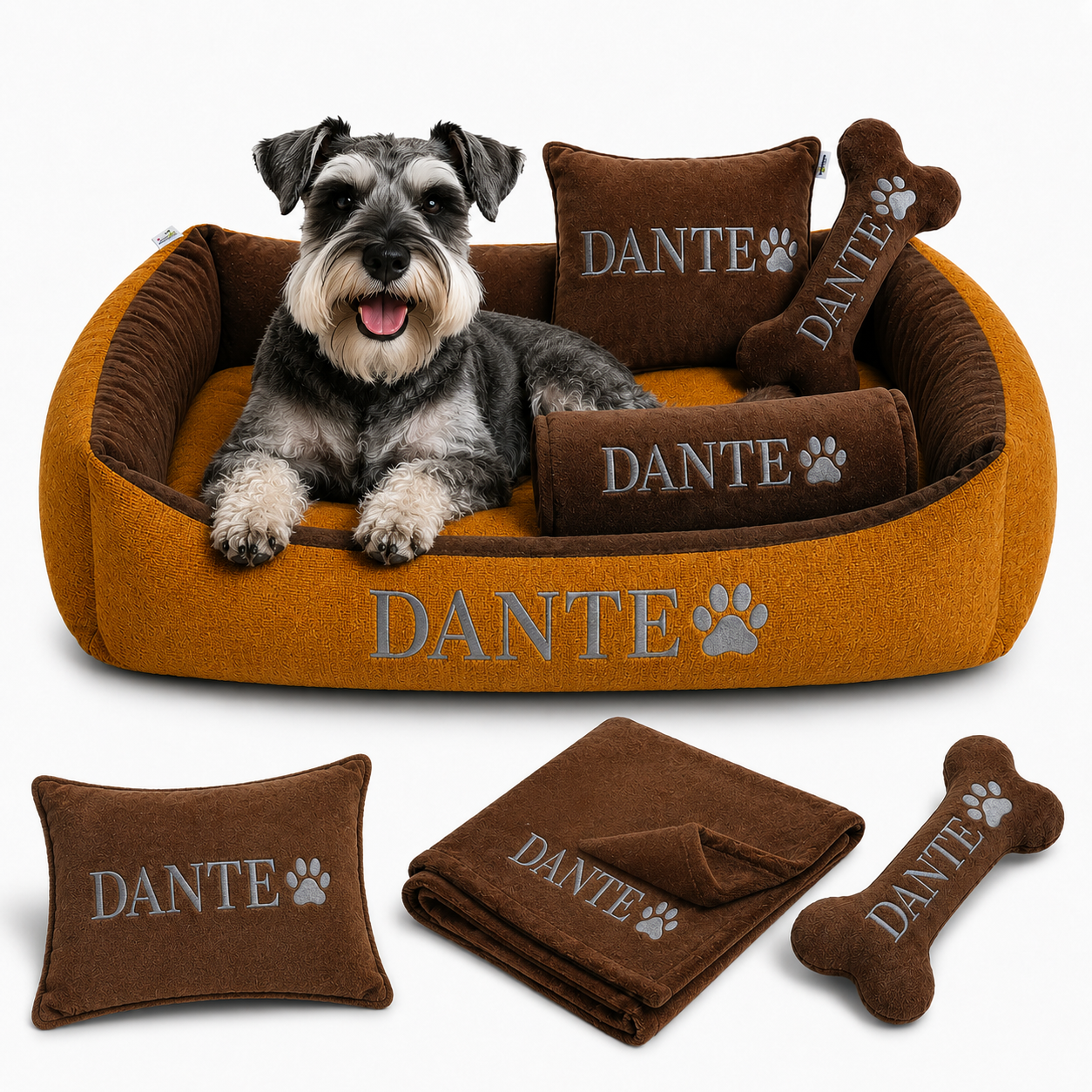 Set de cama Para Perros lavable personalizada x 3 accesorios: Cobija + Almohada + Hueso