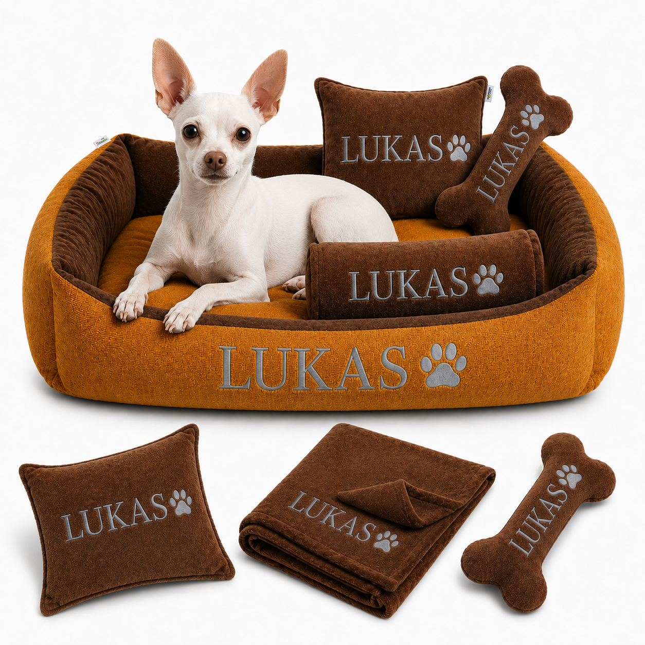 Set de cama Para Perros lavable personalizada x 3 accesorios: Cobija + Almohada + Hueso