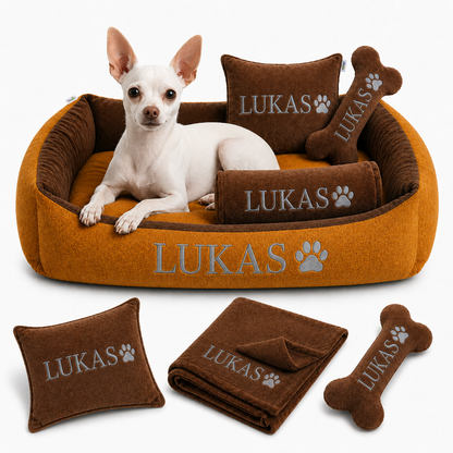 Set de cama Para Perros lavable personalizada x 3 accesorios: Cobija + Almohada + Hueso