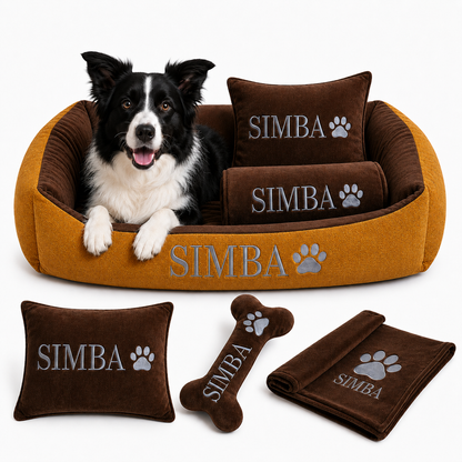 Set de cama Para Perros lavable personalizada x 3 accesorios: Cobija + Almohada + Hueso