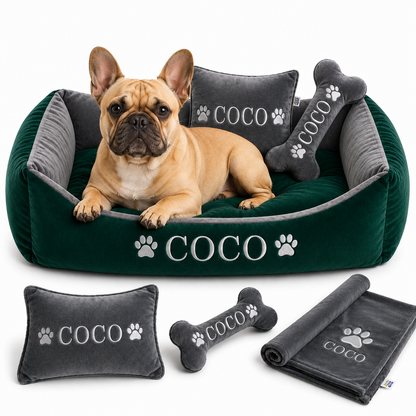 Set de cama Para Perros lavable personalizada x 3 accesorios: Cobija + Almohada + Hueso