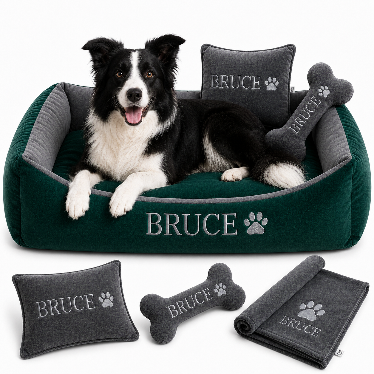 Set de cama Para Perros lavable personalizada x 3 accesorios: Cobija + Almohada + Hueso