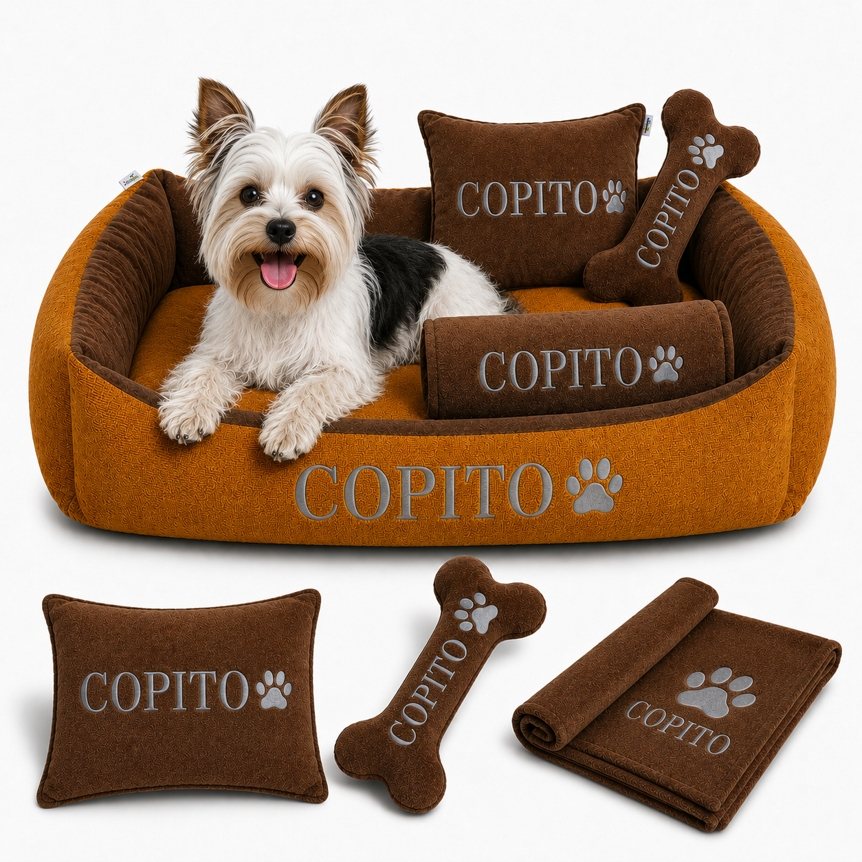 Set de cama Para Perros lavable personalizada x 3 accesorios: Cobija + Almohada + Hueso