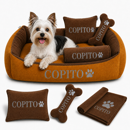 Set de cama Para Perros lavable personalizada x 3 accesorios: Cobija + Almohada + Hueso