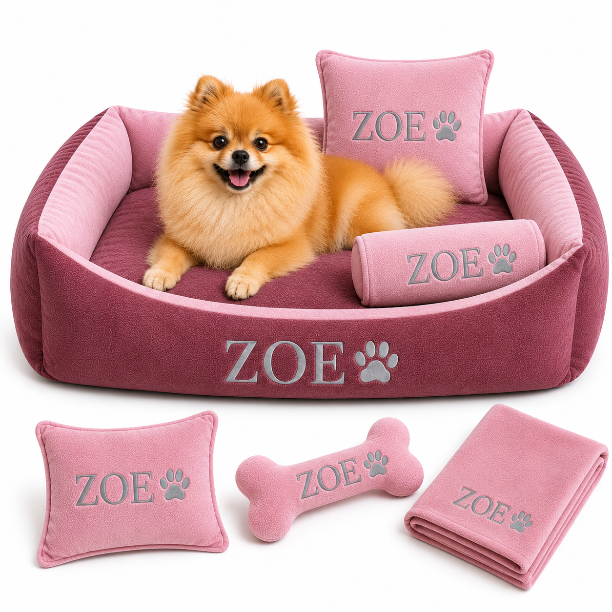 Set de cama Para Perros lavable personalizada Coral x 3 accesorios: Cobija + Almohada + Hueso