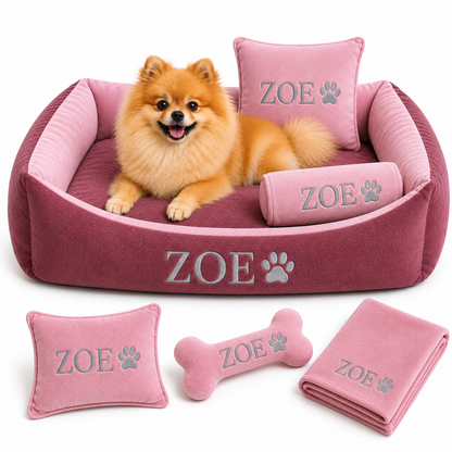 Set de cama Para Perros lavable personalizada Coral x 3 accesorios: Cobija + Almohada + Hueso