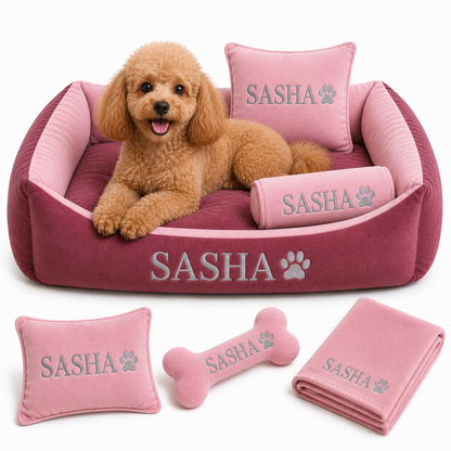 Set de cama Para Perros lavable personalizada Coral x 3 accesorios: Cobija + Almohada + Hueso