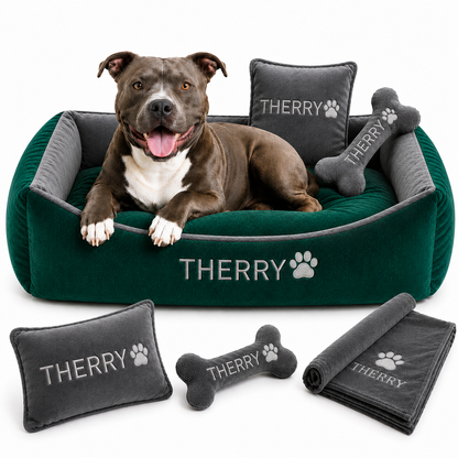 Set de cama Para Perros lavable personalizada x 3 accesorios: Cobija + Almohada + Hueso