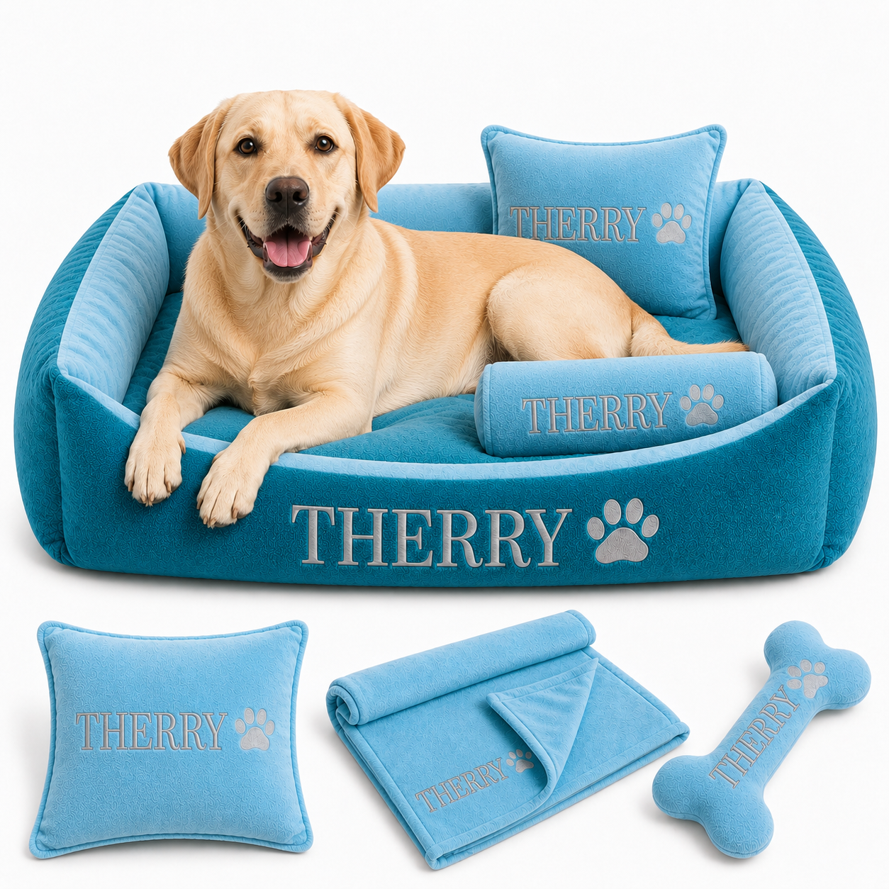 Set de cama Para Perros lavable personalizada x 3 accesorios: Cobija + Almohada + Hueso