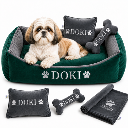 Set de cama Para Perros lavable personalizada x 3 accesorios: Cobija + Almohada + Hueso