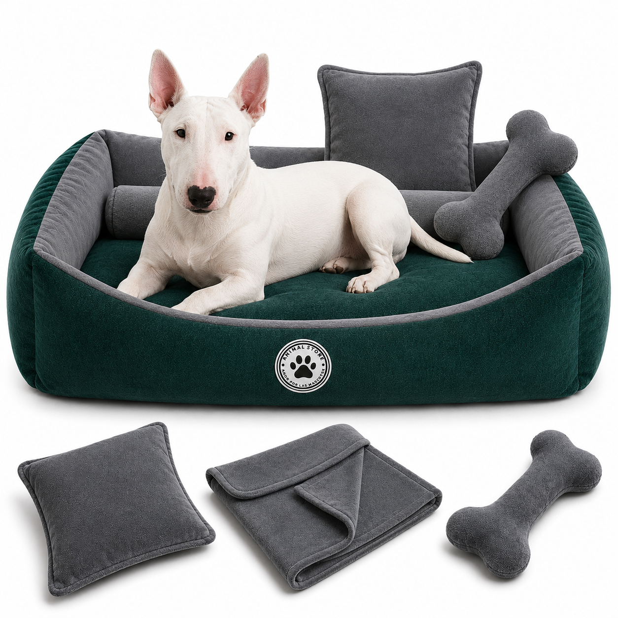 Set de Cama Para Perros lavable Verde x 3 accesorios: Cobija + almohada + hueso
