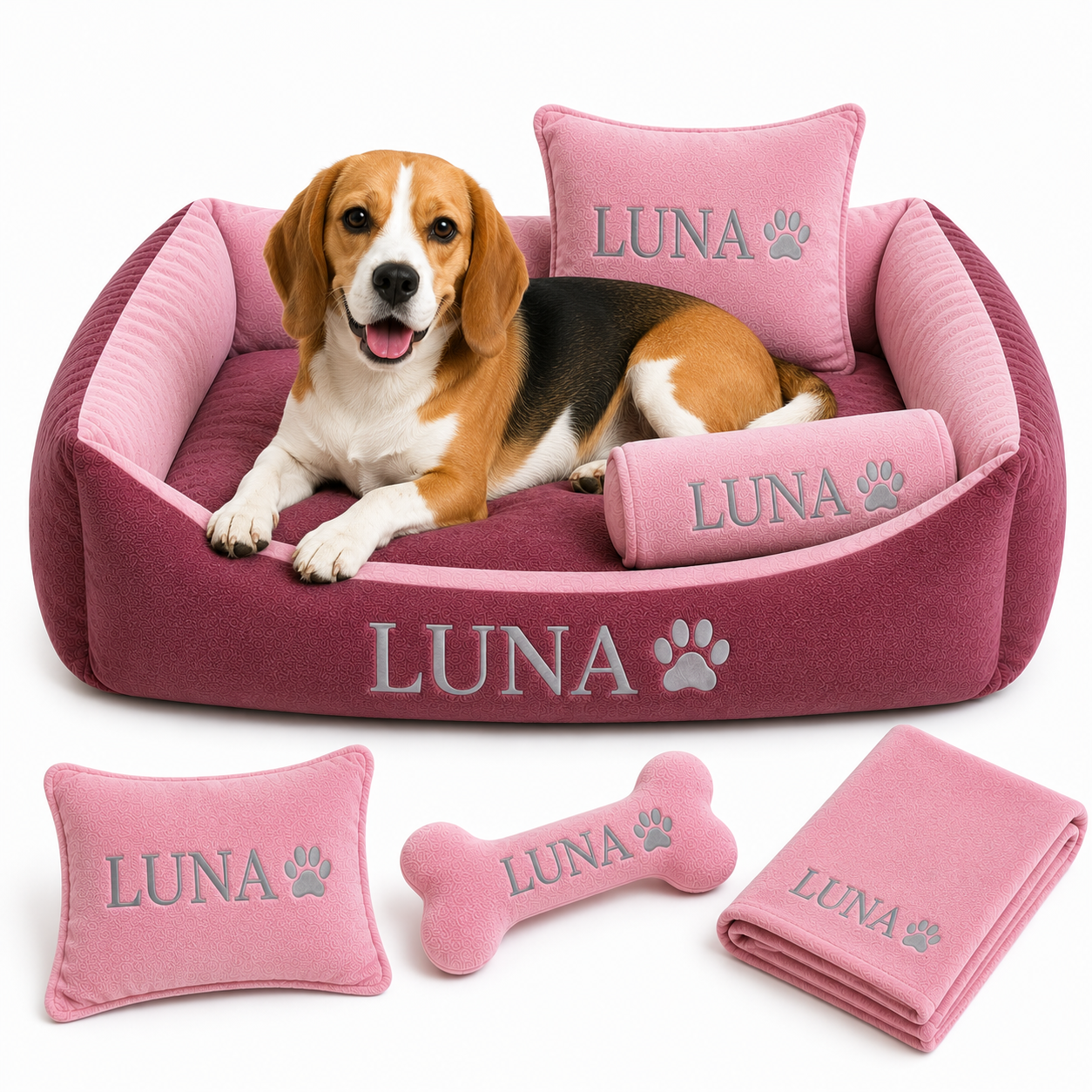 Set de cama Para Perros lavable personalizada Coral x 3 accesorios: Cobija + Almohada + Hueso