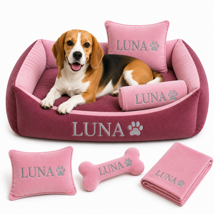 Set de cama Para Perros lavable personalizada Coral x 3 accesorios: Cobija + Almohada + Hueso