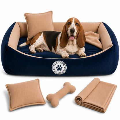 Set de Cama Para Perros lavable Azul x 3 accesorios: cobija + almohada + hueso
