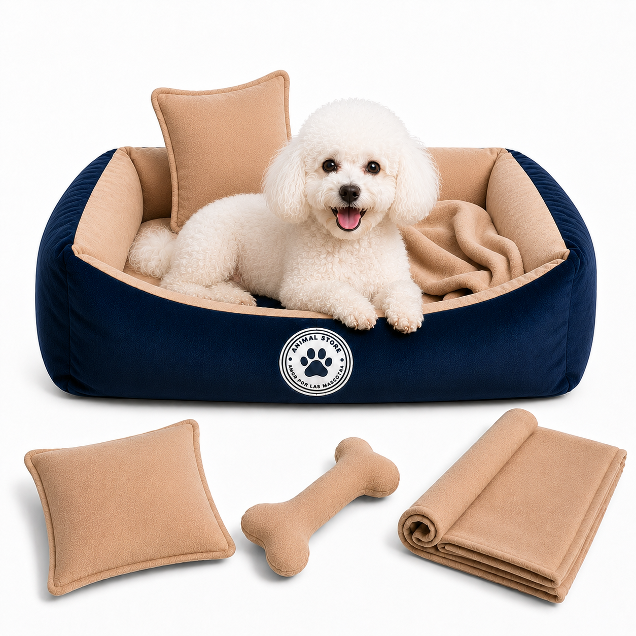 Set de Cama Para Perros lavable Azul x 3 accesorios: cobija + almohada + hueso