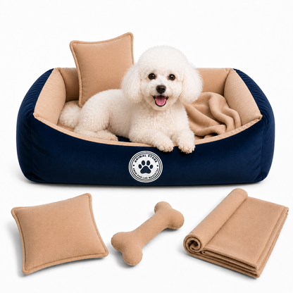 Set de Cama Para Perros lavable Azul x 3 accesorios: cobija + almohada + hueso