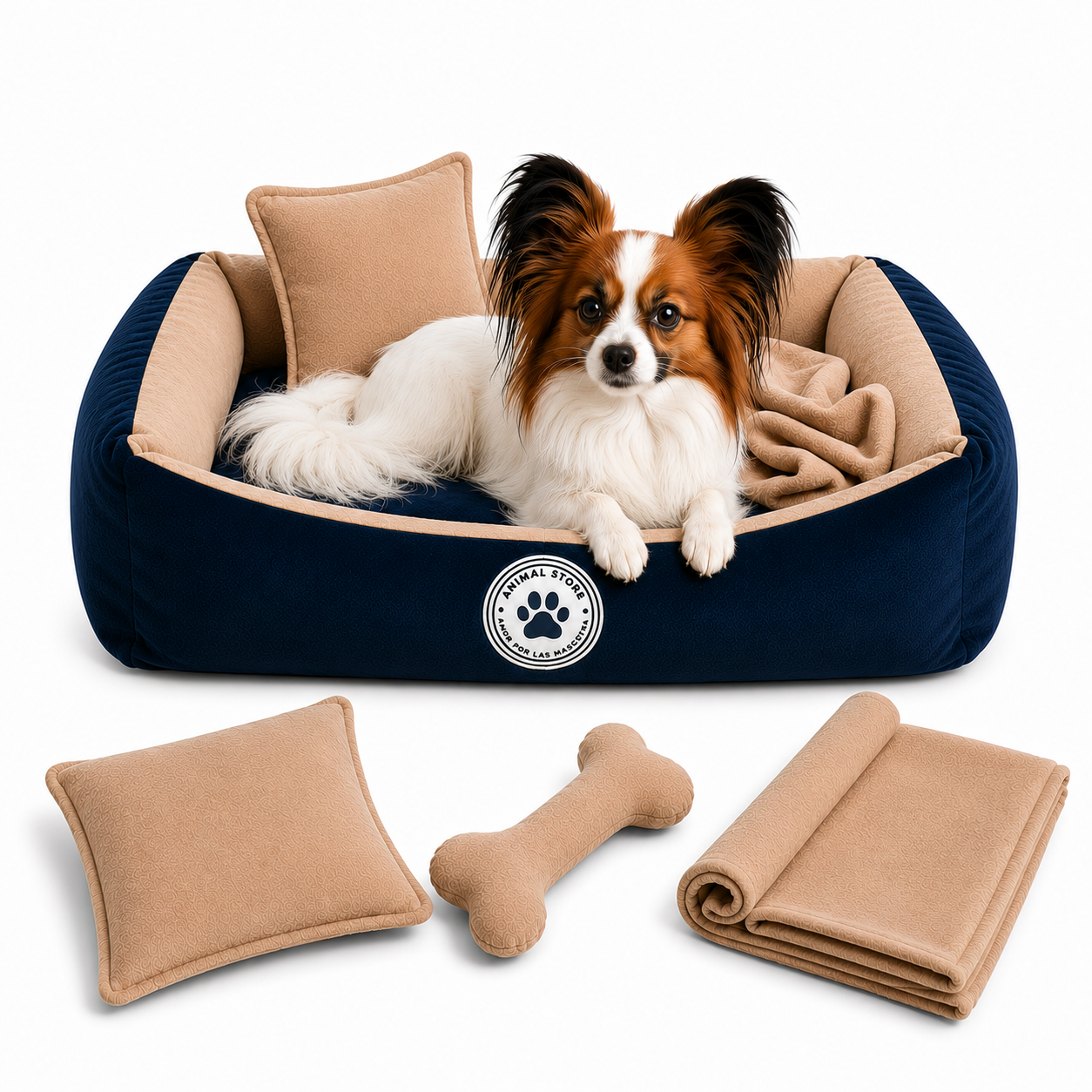 Set de Cama Para Perros lavable Azul x 3 accesorios: cobija + almohada + hueso