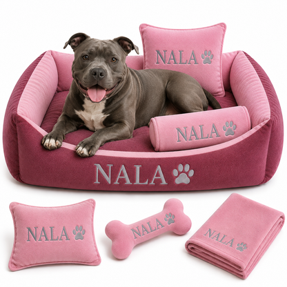 Set de cama Para Perros lavable personalizada Coral x 3 accesorios: Cobija + Almohada + Hueso