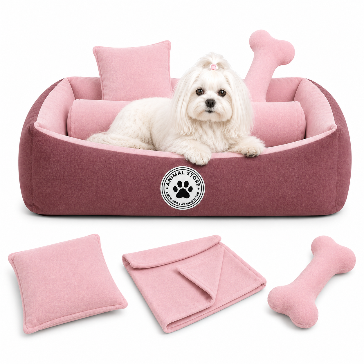 Set de Cama Para Perros lavable Coral x 3 accesorios: Cobija + Almohada + Hueso