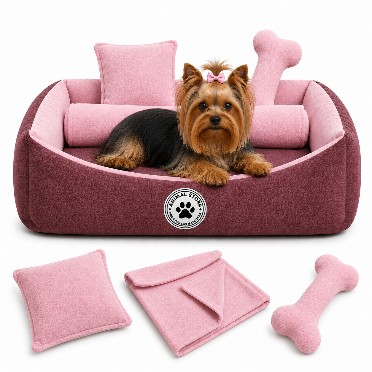 Set de Cama Para Perros lavable Coral x 3 accesorios: Cobija + Almohada + Hueso