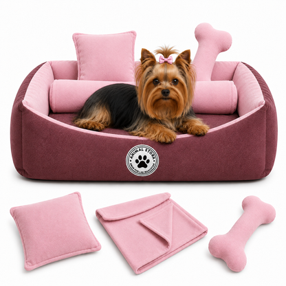 Set de Cama Para Perros lavable Coral x 3 accesorios: Cobija + Almohada + Hueso