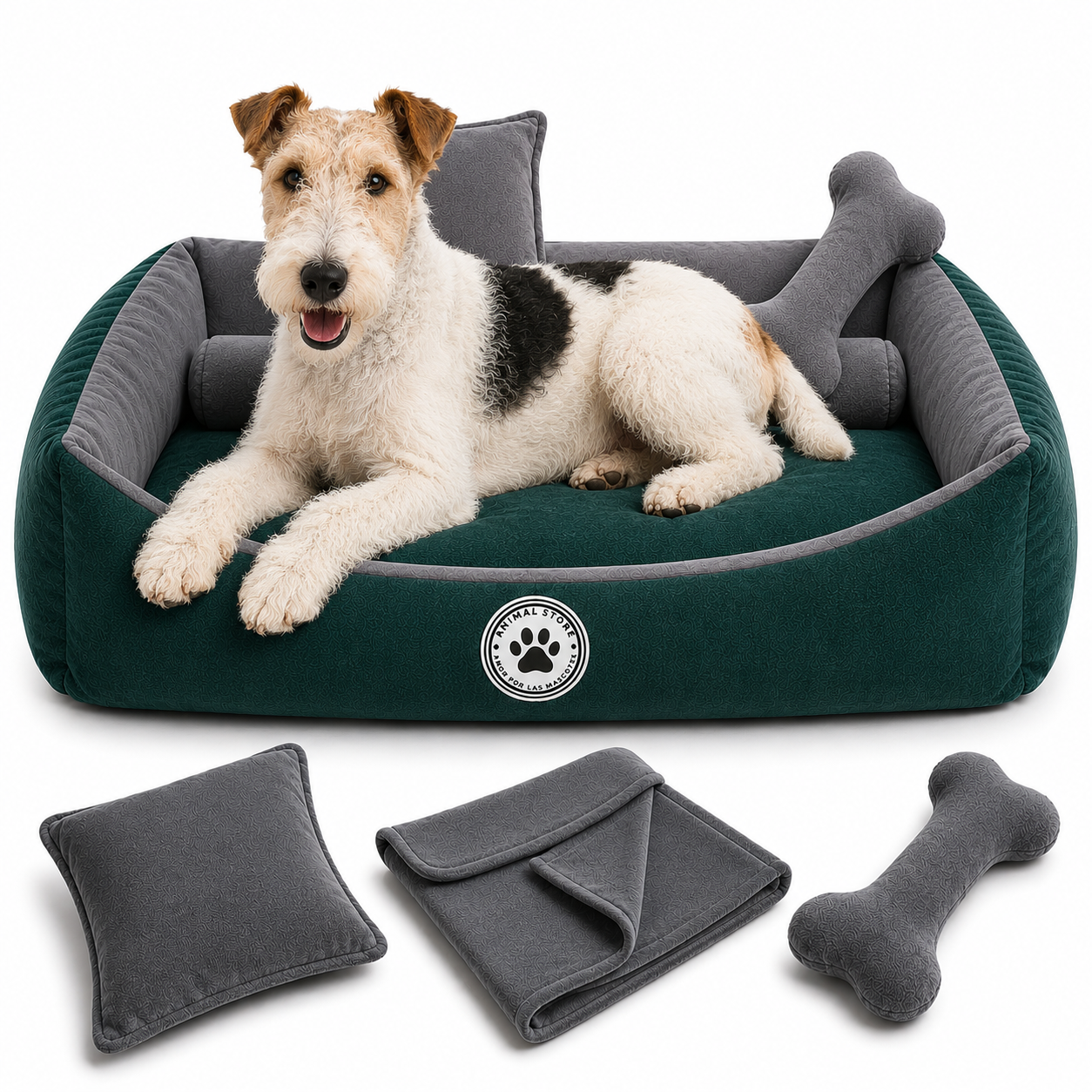 Set de Cama Para Perros lavable Verde x 3 accesorios: Cobija + almohada + hueso