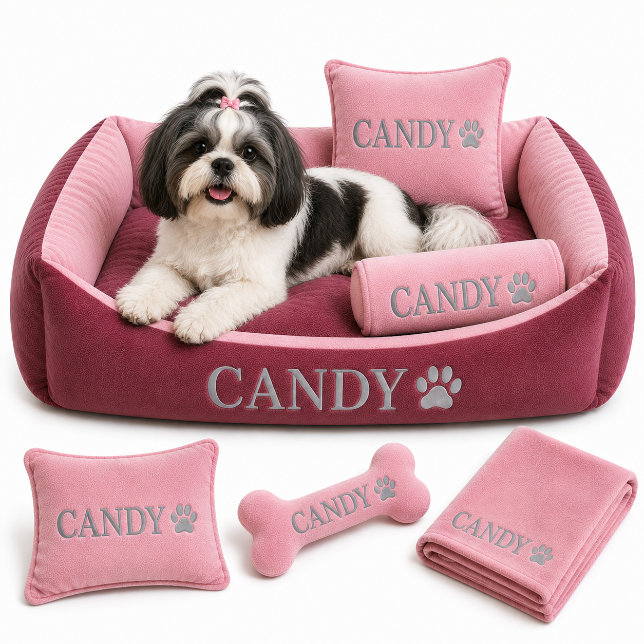 Set de cama Para Perros lavable personalizada Coral x 3 accesorios: Cobija + Almohada + Hueso