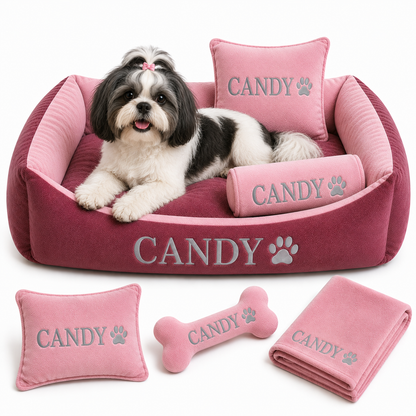 Set de cama Para Perros lavable personalizada Coral x 3 accesorios: Cobija + Almohada + Hueso