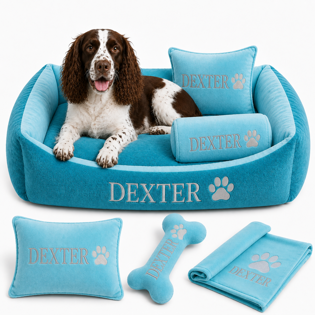 Set de cama Para Perros lavable personalizada x 3 accesorios: Cobija + Almohada + Hueso