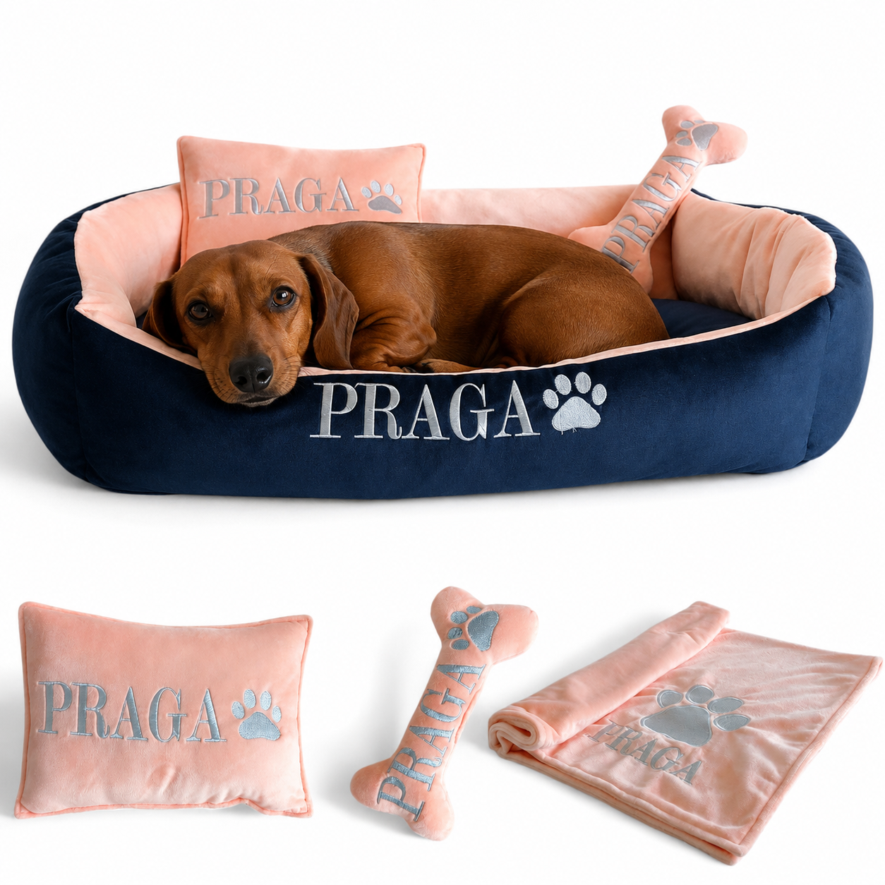 Set de cama Para Perros lavable personalizada x 3 accesorios: Cobija + Almohada + Hueso