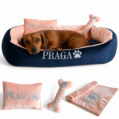 Set de cama Para Perros lavable personalizada x 3 accesorios: Cobija + Almohada + Hueso