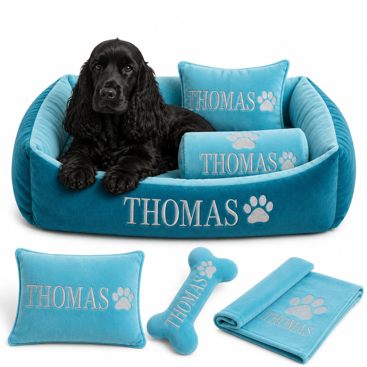 Set de cama Para Perros lavable personalizada x 3 accesorios: Cobija + Almohada + Hueso