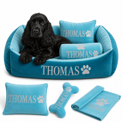 Set de cama Para Perros lavable personalizada x 3 accesorios: Cobija + Almohada + Hueso