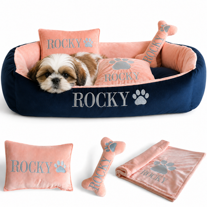 Set de cama Para Perros lavable personalizada x 3 accesorios: Cobija + Almohada + Hueso