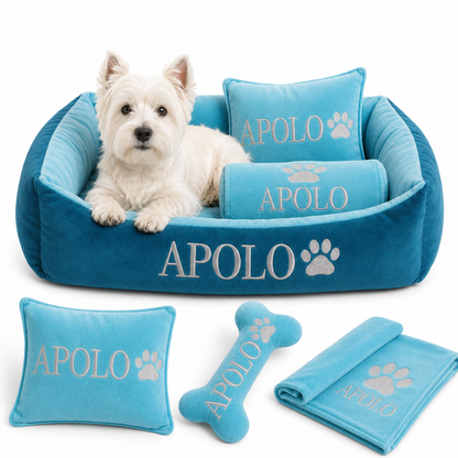 Set de cama Para Perros lavable personalizada x 3 accesorios: Cobija + Almohada + Hueso