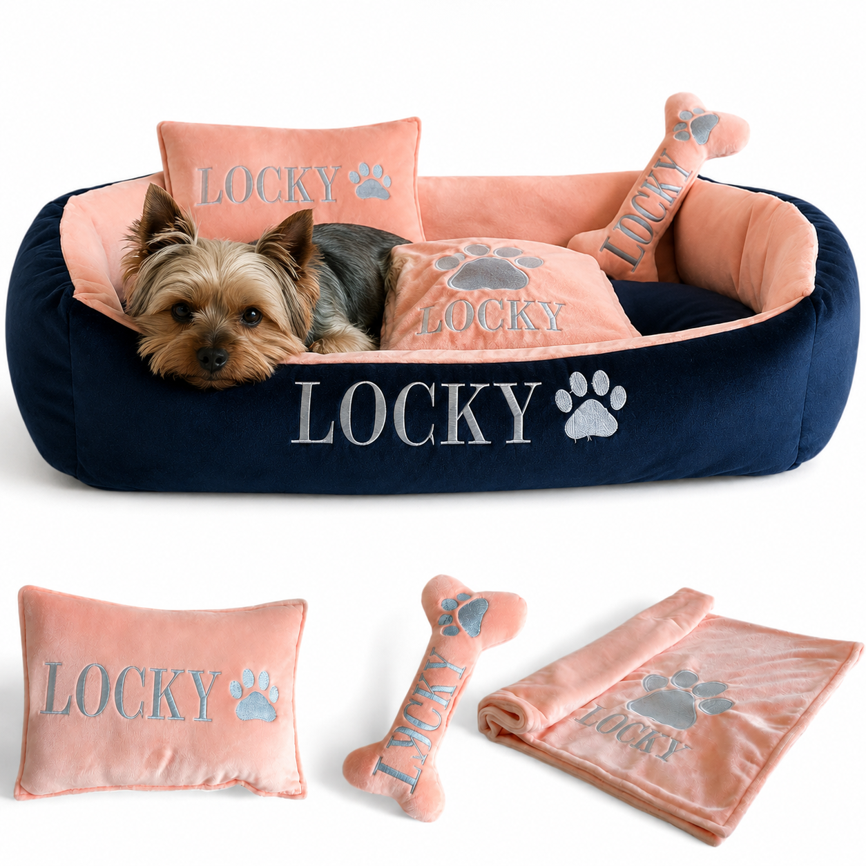 Set de cama Para Perros lavable personalizada x 3 accesorios: Cobija + Almohada + Hueso