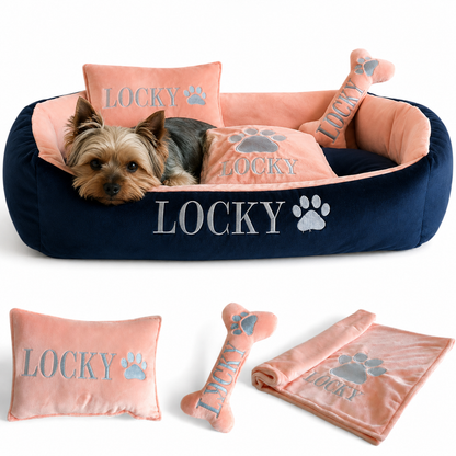 Set de cama Para Perros lavable personalizada x 3 accesorios: Cobija + Almohada + Hueso