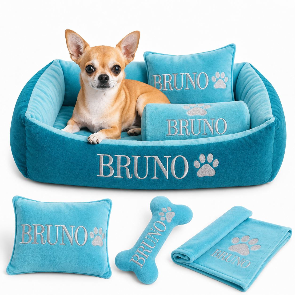 Set de cama Para Perros lavable personalizada x 3 accesorios: Cobija + Almohada + Hueso