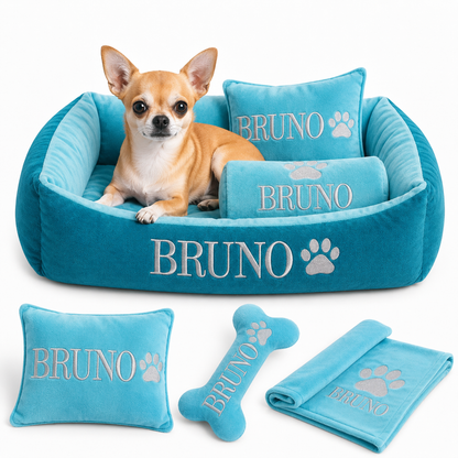 Set de cama Para Perros lavable personalizada x 3 accesorios: Cobija + Almohada + Hueso