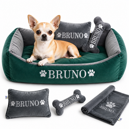 Set de cama Para Perros lavable personalizada x 3 accesorios: Cobija + Almohada + Hueso