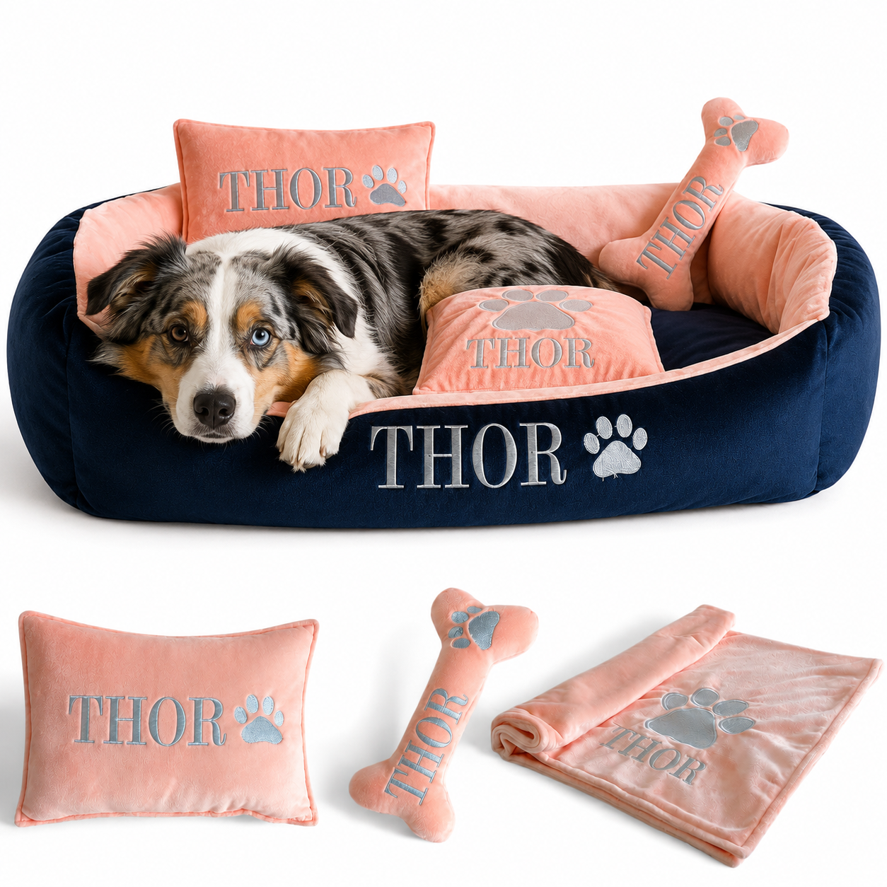Set de cama Para Perros lavable personalizada x 3 accesorios: Cobija + Almohada + Hueso