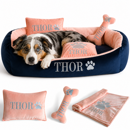 Set de cama Para Perros lavable personalizada x 3 accesorios: Cobija + Almohada + Hueso