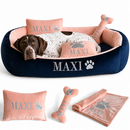 Set de cama Para Perros lavable personalizada x 3 accesorios: Cobija + Almohada + Hueso