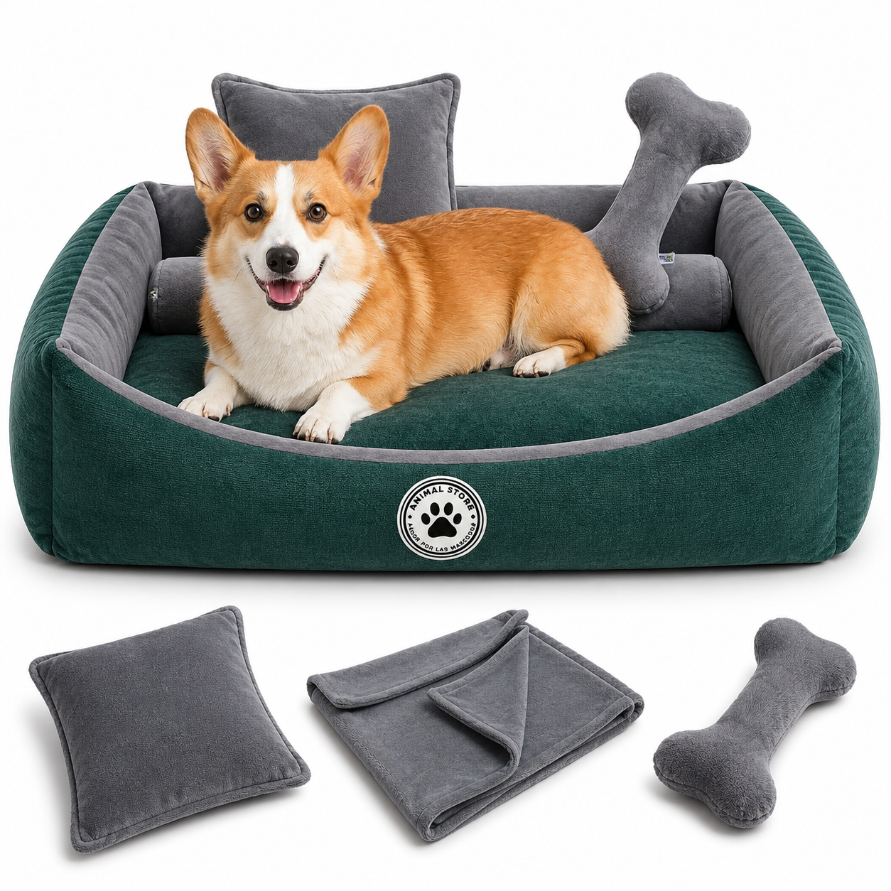 Set de Cama Para Perros lavable Verde x 3 accesorios: Cobija + almohada + hueso