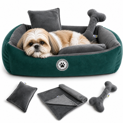 Set de Cama Para Perros lavable Verde x 3 accesorios: Cobija + almohada + hueso
