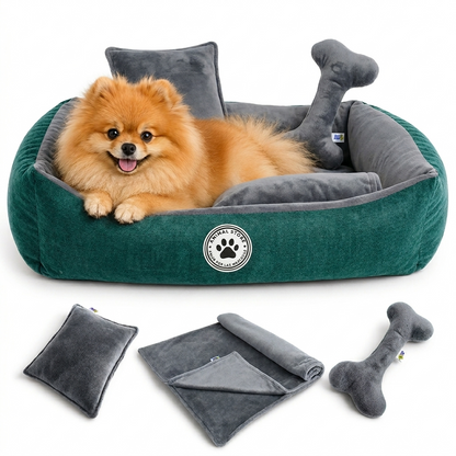 Set de Cama Para Perros lavable Verde x 3 accesorios: Cobija + almohada + hueso