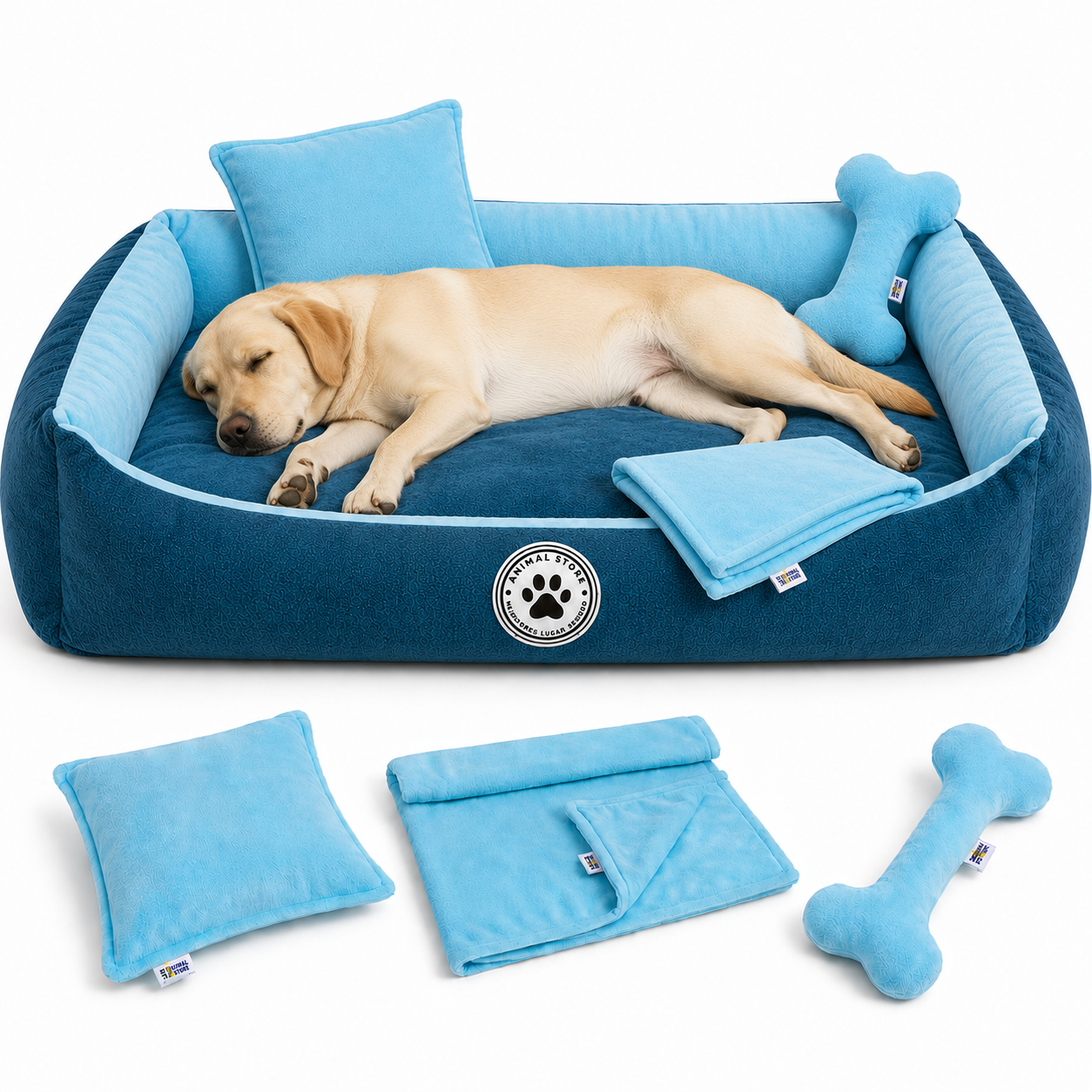 Set de Cama Para Perros lavable color Turquesa x 3 accesorios: cobija + almohada + Hueso